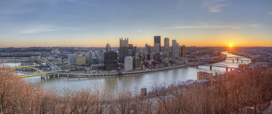 panorama from mt. washington over pittsburgh at sunrise